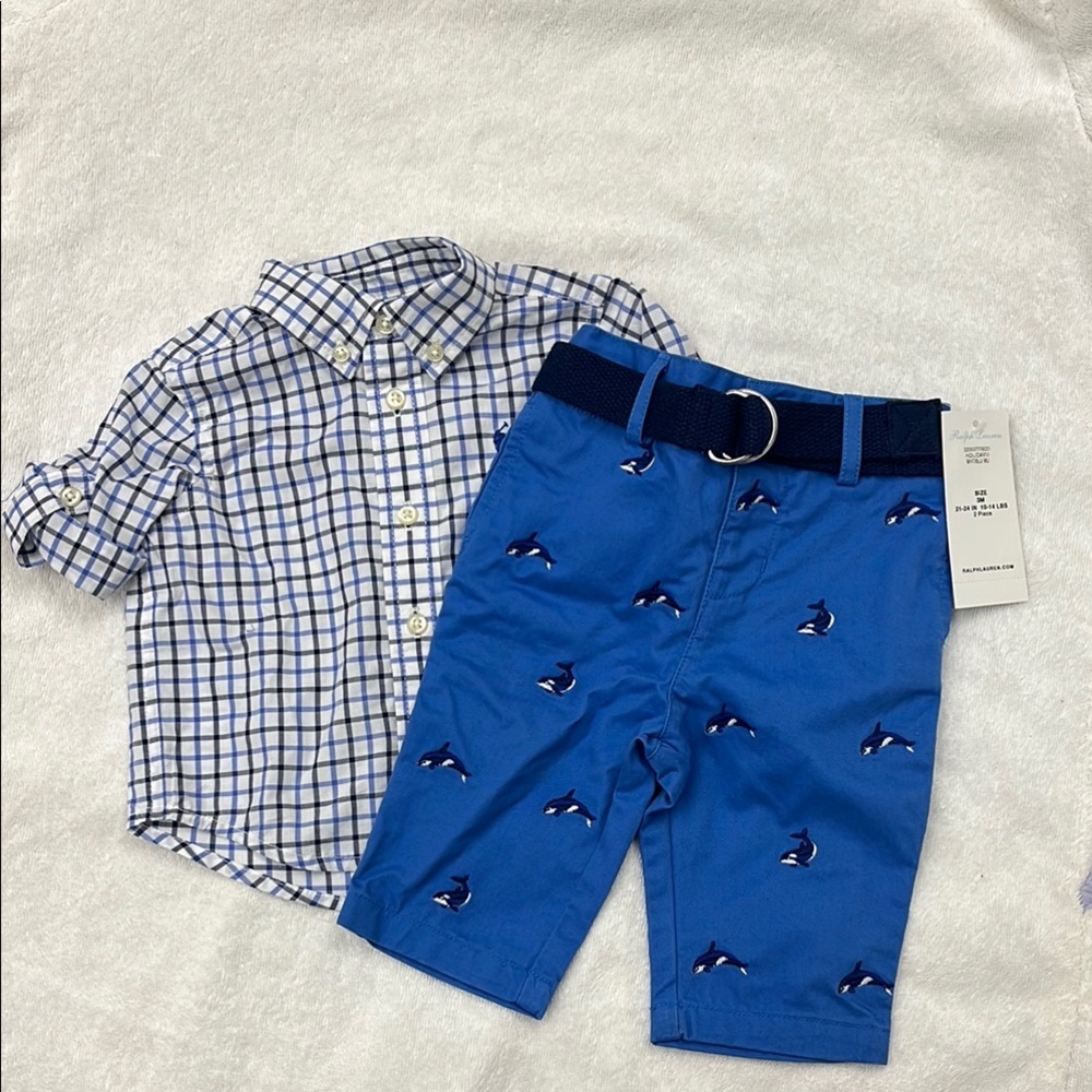 Ralph Lauren Boys Blue Plaid Shirt & Royal Blue Whale Embroidered Shorts Set